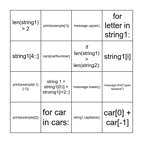 Strings and Tuples BINGO Card