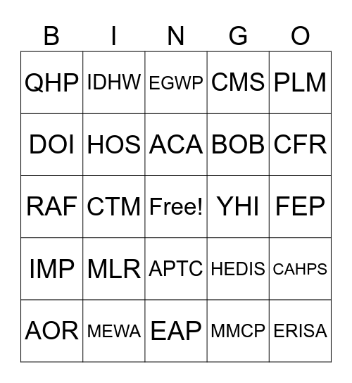 Acronym Bingo Card