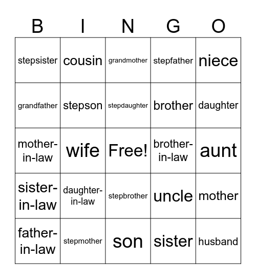 Family Vocab. Bingo Card