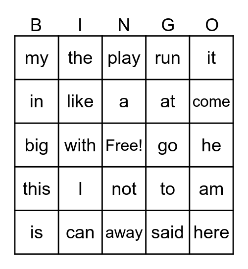 Sight Words (Pryor Group) Bingo Card