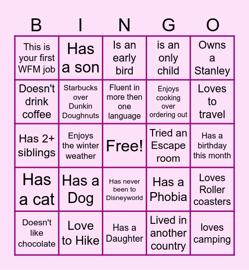 Welcome to the Team ! Bingo Card