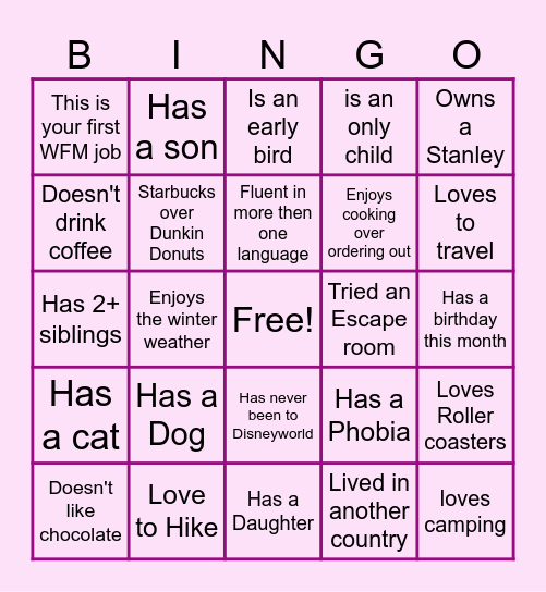 Welcome to the Team ! Bingo Card
