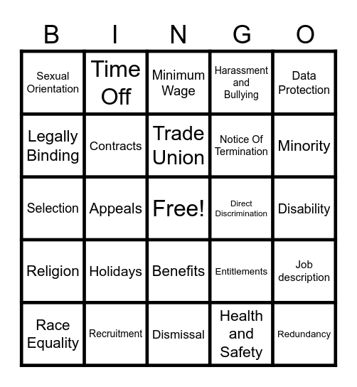 HRM : Employment Legislation Bingo Card