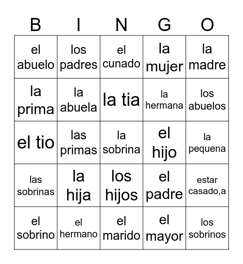 la familia Bingo Card