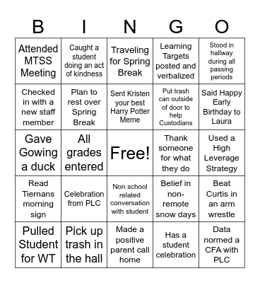 Spring Break Countdown Bingo Card