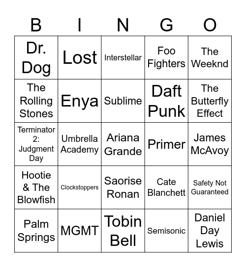Irish Actors, Time Travel, & Songs About Time Bingo Card