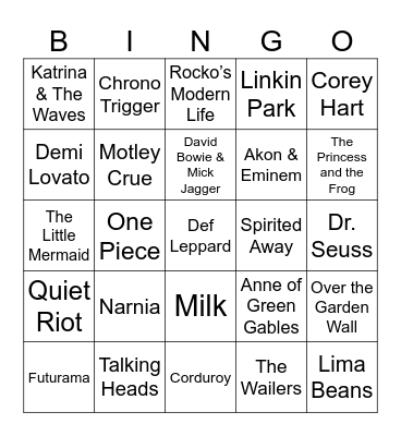 Songs That Are Bad Ideas, Children's Books, & Frogs Bingo Card