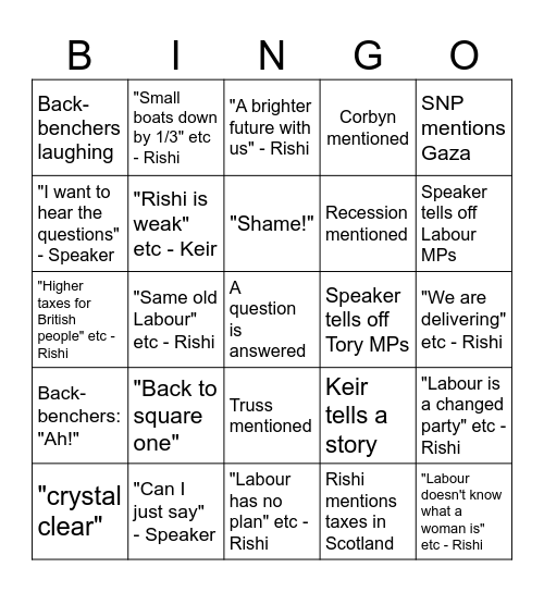 PMQ Bingo 13 March Bingo Card