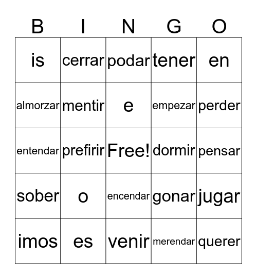 spanish Bingo Card