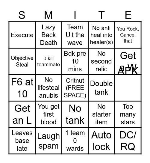 Smite night (Joust) Bingo Card