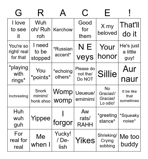 Graceism Bingo Card