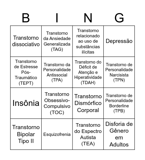 BINGO SEQUELAS MENTAIS <3 Bingo Card