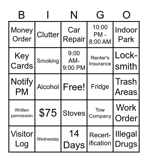 Lease Education Bingo (The Atrium) Bingo Card