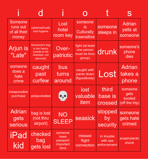 Trip idiot board Bingo Card