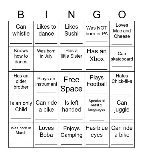 YOUTH HUMAN BINGO Card