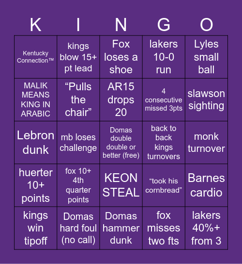 vs. Lakers (3/13/24) Bingo Card