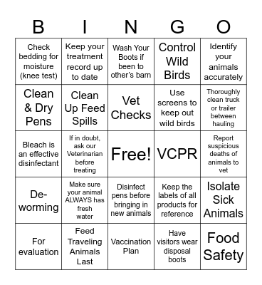 Biosecurity Bingo Card