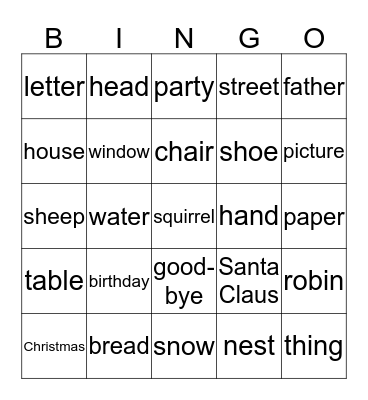 Sloan's nouns Bingo Card