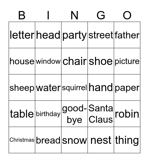 Sloan's nouns Bingo Card