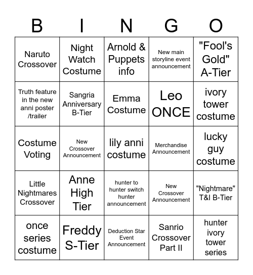 Anniversary Stream Bingo Card