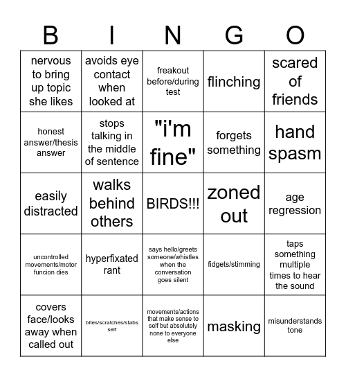 zoe neurodivergent Bingo Card