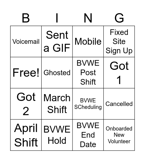 Division Booking Bingo Card