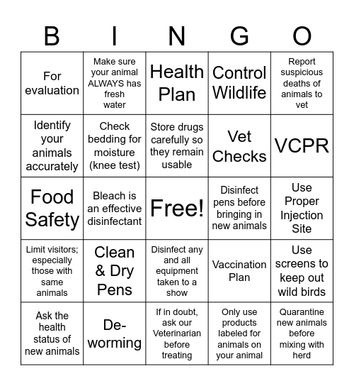 Biosecurity Bingo Card