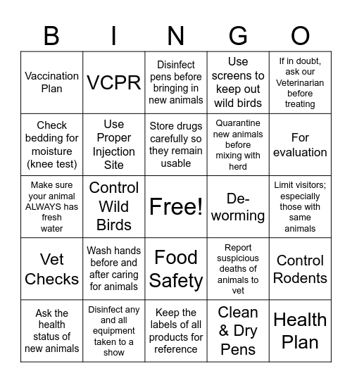 Biosecurity Bingo Card