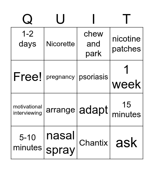 Tobacco Cessation Bingo Card