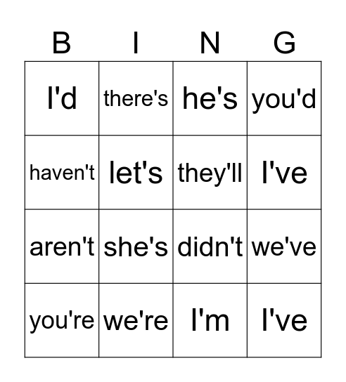 Contraction Bingo Card