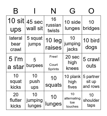 St Patricks Workout Bingo Card