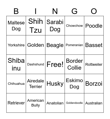 Dog Breed Bingo Card