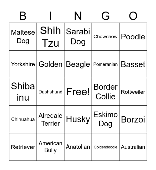 Dog Breed Bingo Card