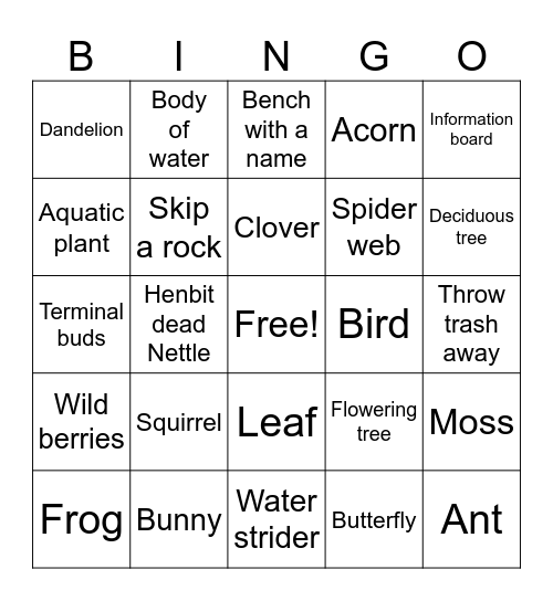 Park Scavenger Hunt Bingo Card