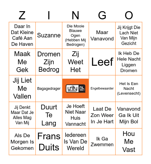 Unity NL Hollandse Hits Bingo Card