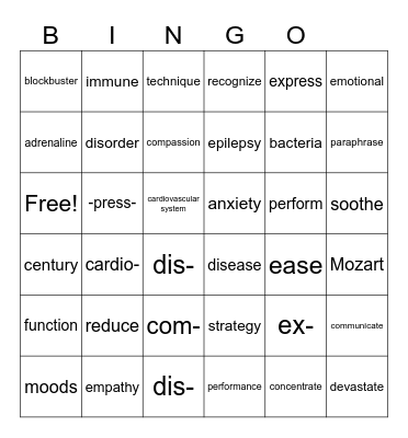 Mental and Emotional Health Bingo Card