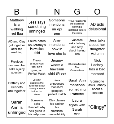 Love is Blind Reunion Bingo Card