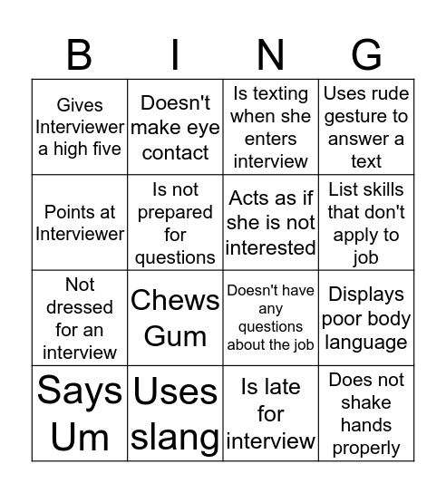 Bad Behaviour Bingo Card