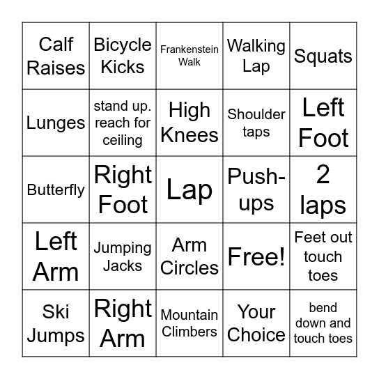 Fitness Bingo Card