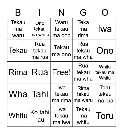 Maori bingo Card