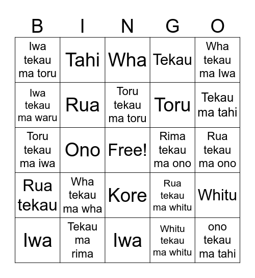 Māori bingo Card