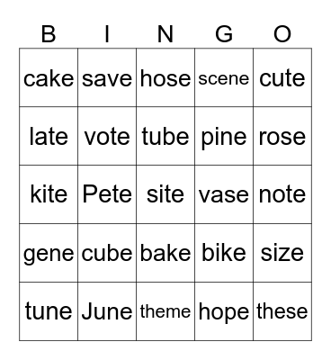 MAGIC E Bingo Card