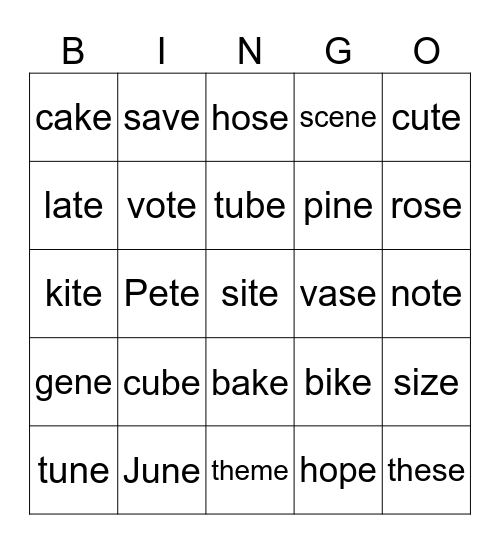 MAGIC E Bingo Card