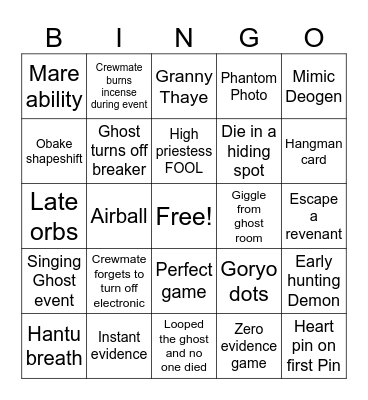 Phasmo Bingo Card