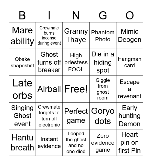 Phasmo Bingo Card