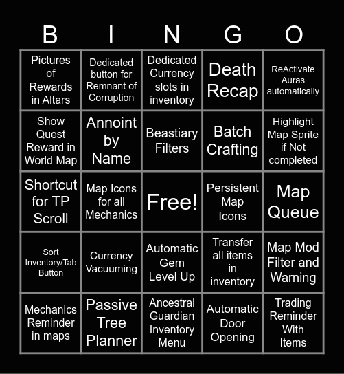 POE QOL BINGO Card