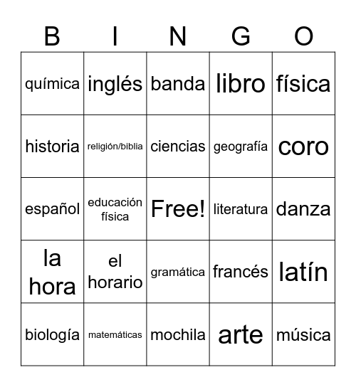 Vocabulario with materias Bingo Card