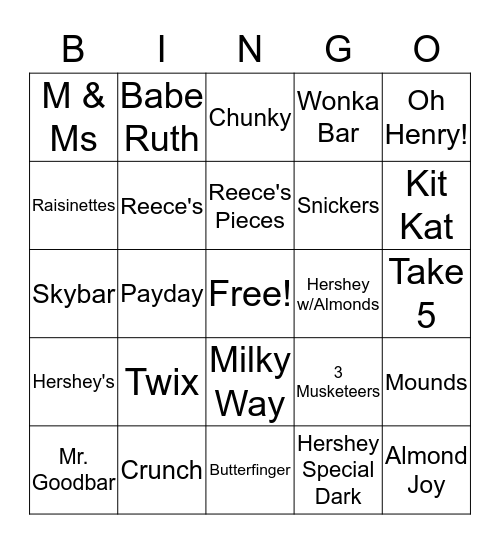 Candy Bar Bingo Card