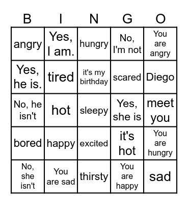 Unit 1: Feelings Bingo Card