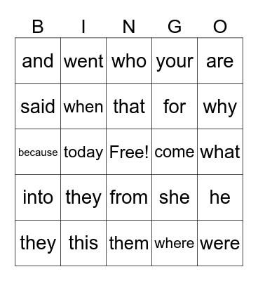 St Patrick's Day Sight Word Bingo Card